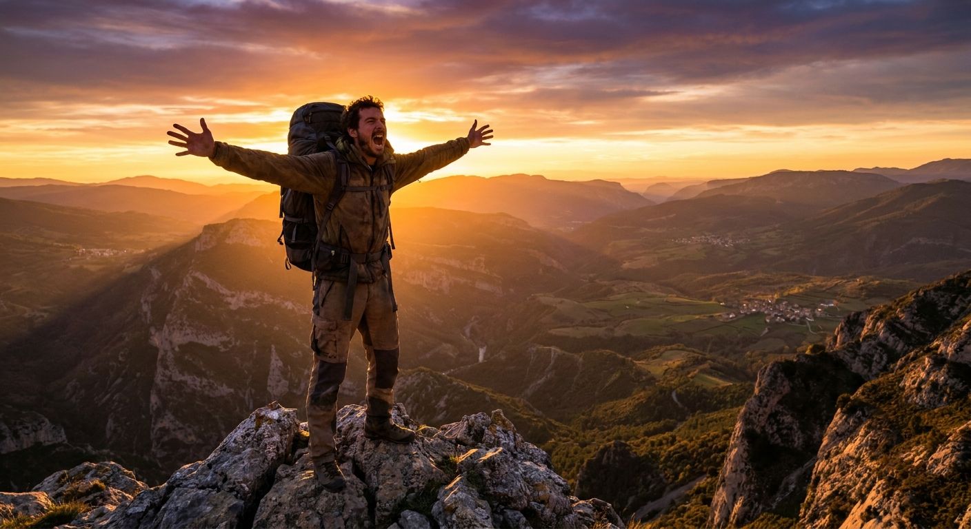 A lone figure stands triumphantly on a rugged mountain peak in a vast, sun-drenched Spanish landscape, arms outstretched towards the expansive horizon at sunrise. The dramatic light casts long shadows, emphasizing the achievement and the journey.