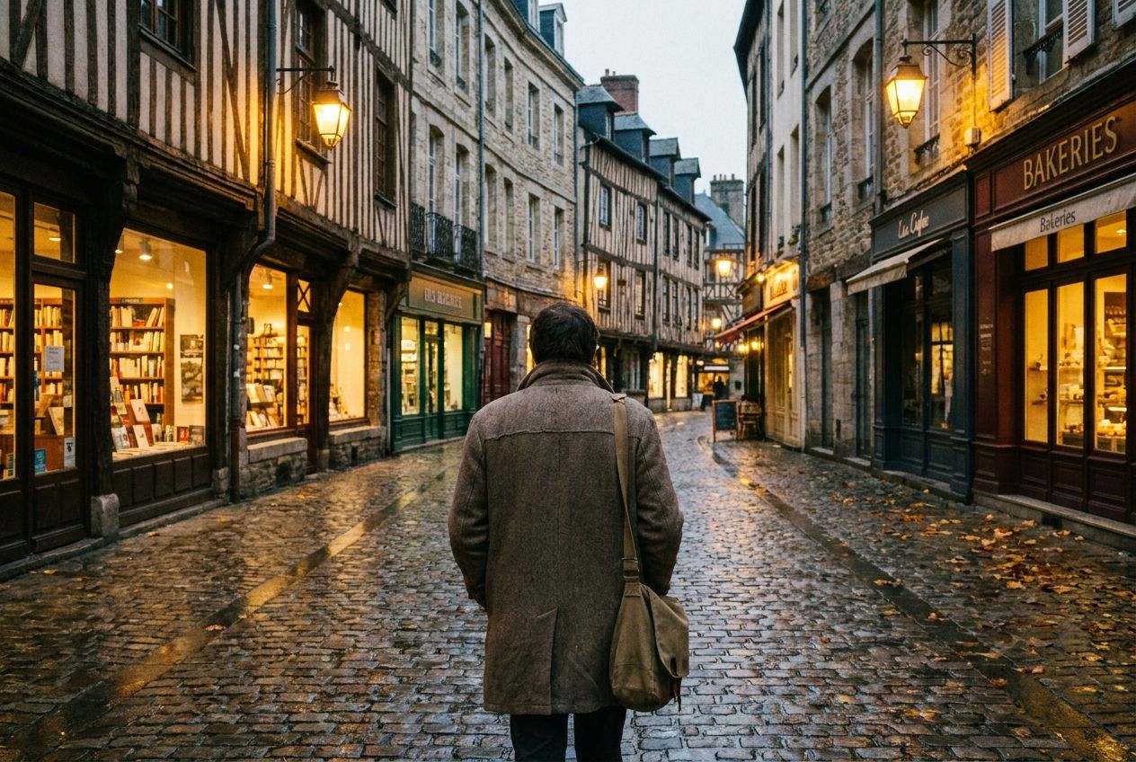 A lone individual, seen from behind, walks down a charming, cobblestone city street lined with historic buildings and warm glowing lights from shop windows. The atmosphere is peaceful and reflective, capturing a sense of everyday independence, composed for a 3:2 landscape photograph.