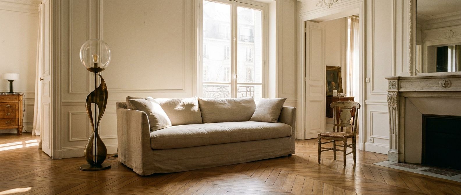 A wide-angle photograph captures a beautifully sunlit, elegant living room in a classic French apartment. A stylish, comfortable sofa with cushions takes center stage, flanked by a unique floor lamp and a small, antique wooden chair positioned in front of a tall window, through which soft light streams.