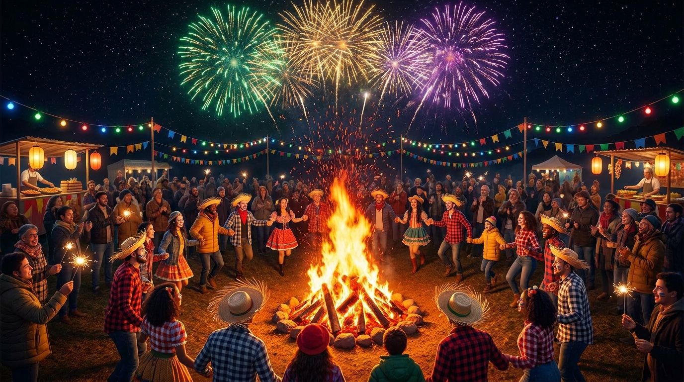 A wide-angle, dramatic photograph capturing the vibrant energy of a nighttime outdoor celebration. A large, festive bonfire glows warmly in the foreground, illuminating a diverse crowd of joyful people dancing and interacting, while colorful fireworks burst spectacularly in the night sky above. The scene blends the spirited atmosphere of a Brazilian Festa Junina with the festive excitement of a British Bonfire Night.
