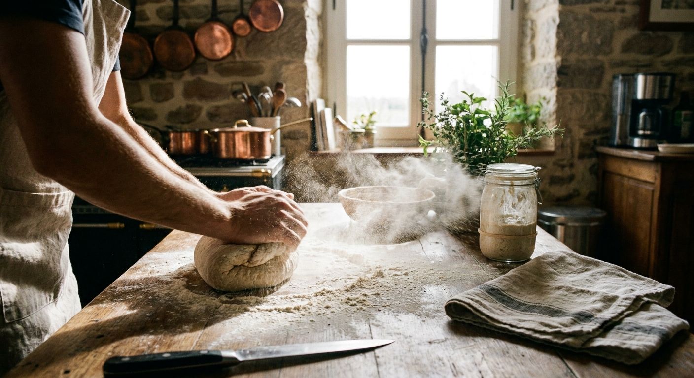 A close-up, dynamic photograph of hands actively kneading dough on a rustic wooden counter in a sunlit French kitchen. Flour dusts the surface, capturing the continuous motion of preparing a traditional French pastry or bread.