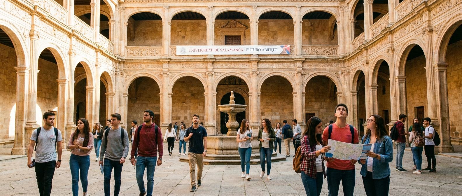 A wide, sun-drenched photograph of a historic Spanish university courtyard, bustling with young adults in their late teens and early twenties. Students are walking purposefully and gathered in small groups, chatting and looking thoughtful, symbolizing future educational paths and choices. The ornate, distinctly Spanish architecture is bathed in warm, natural light, conveying a sense of opportunity and vibrancy.