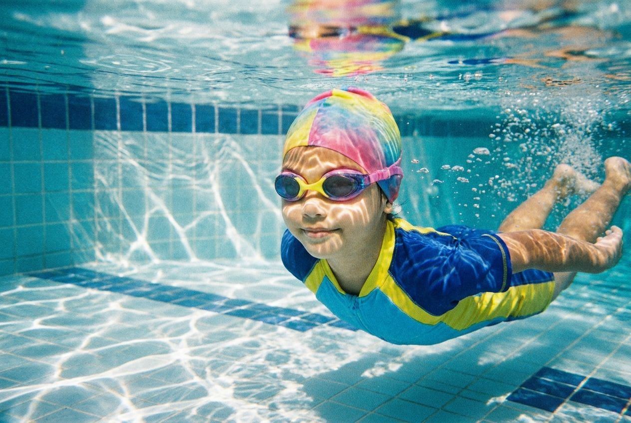 A vibrant photograph of a seven-year-old child swimming effortlessly underwater in a sunlit pool. The child's expression is serene and focused, symbolizing the mastery of a past ability. Sunlight streaks through the clear water, creating a beautiful, dynamic scene in a 3:2 landscape frame.