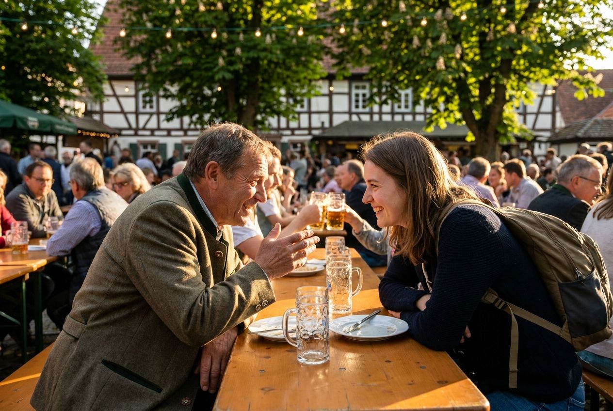 A candid photograph of two people, perhaps a local and a visitor, engaged in warm conversation at a communal wooden table in a bustling German Biergarten. The scene, set during a golden hour, highlights the exchange of personal stories and connection in an authentic German cultural setting, with traditional architecture and a lively atmosphere softly blurred in the background, composed for a 3:2 landscape.