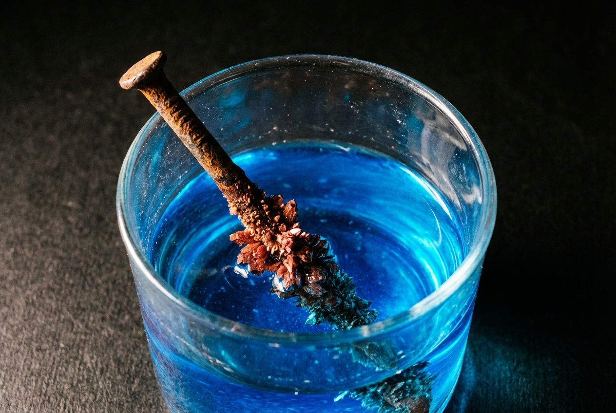 A dramatic, high-contrast close-up photograph of an old iron nail partially submerged in a vibrant blue copper sulfate solution in a clear glass beaker. Fresh, reddish-brown copper deposits are visibly forming on the submerged part of the nail, showcasing a chemical displacement reaction, composed for a 3:2 landscape frame. The scene is lit to emphasize the texture of the materials and the striking color transformation.