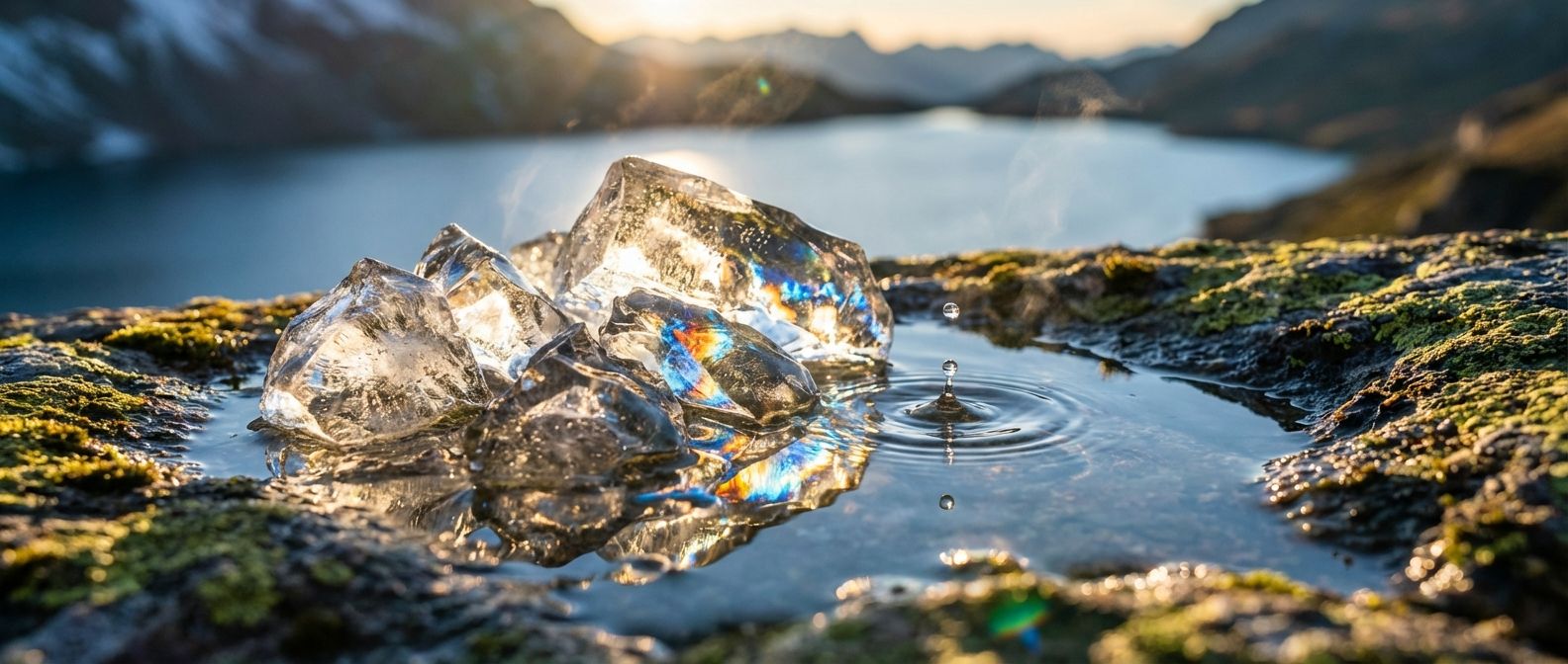 A dramatic, extreme close-up photograph of large ice cubes slowly melting into a clear pool of water, with light refracting vividly through the ice and water droplets, creating a sense of subtle transformation and energy transfer in a wide landscape shot.