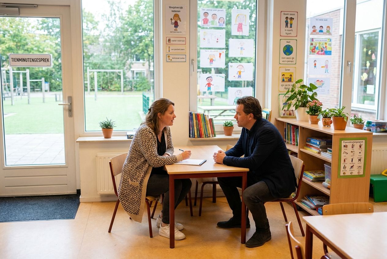 A warm, candid photograph of a parent and a female primary school teacher (juf) having a focused conversation during a 'tienminutengesprek' in a bright, modern Dutch classroom. Children's artwork and educational materials are subtly visible in the background, hinting at the learning environment. The scene is well-lit, capturing a sense of collaboration and care, composed for a 3:2 landscape frame.