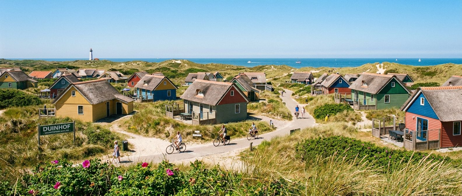 A vibrant, wide-angle photograph of a charming Dutch holiday bungalow park nestled amongst coastal dunes, with the North Sea sparkling in the background under a clear blue sky, evoking a sense of peaceful travel and accommodation.