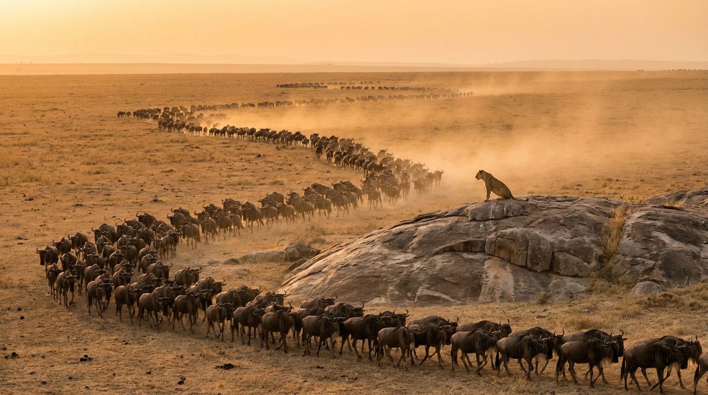 A wide, dramatic photograph of a massive wildebeest herd migrating across a vast, sun-drenched African savanna, kicking up dust, with a solitary, powerful lioness observing from a rocky outcrop in the mid-ground. The scene emphasizes the immense biomass of primary consumers supporting a higher trophic level predator.