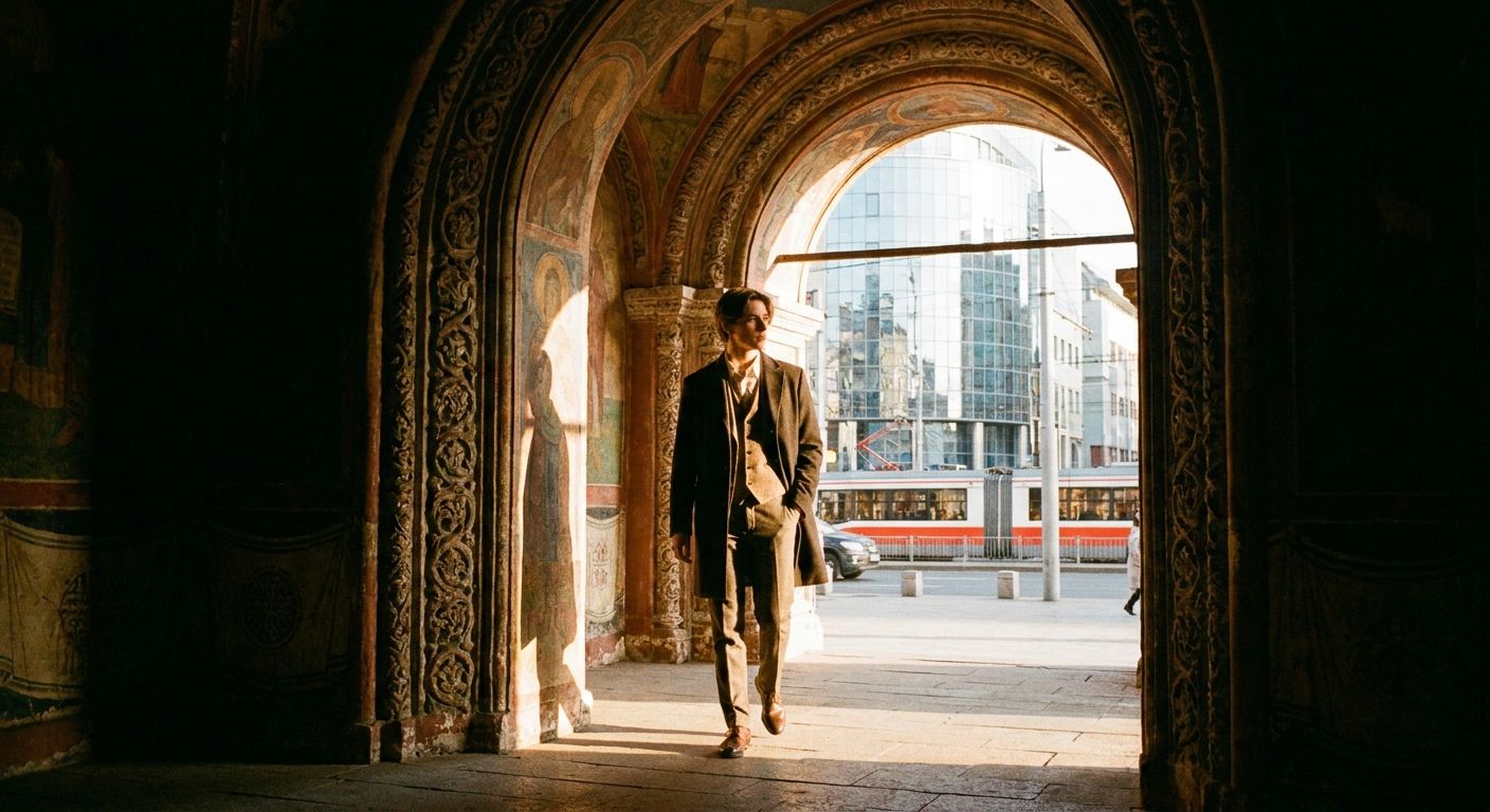 A young person in smart attire steps through a grand, ornate archway of an old Russian building, moving from the cool shadows of the interior into the warm, bright sunlight of a modern city street. The arch dramatically frames the figure, highlighting the transition and contrast between the historical and the contemporary.