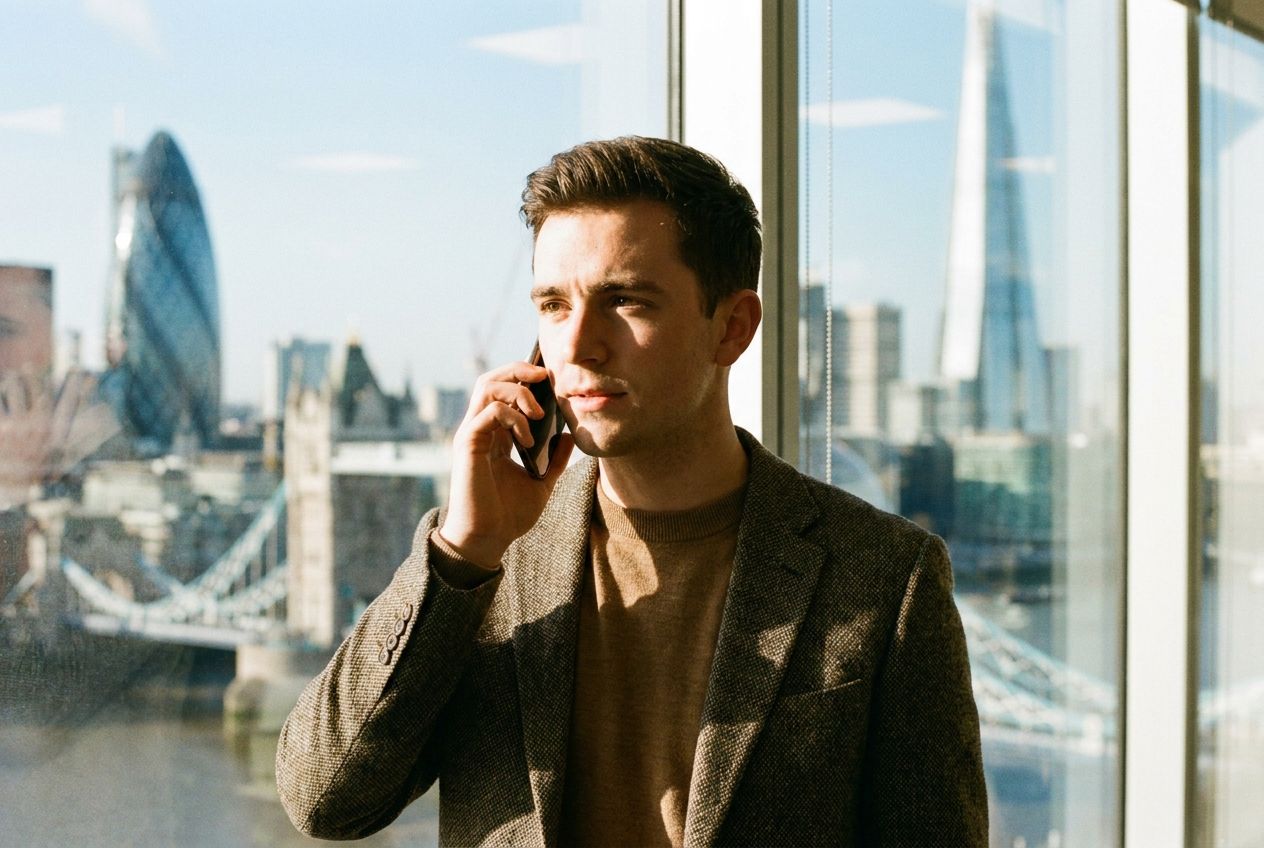 A focused young professional, dressed in smart-casual British attire, stands in a modern, sunlit London office, holding a sleek smartphone to their ear. Their expression is attentive and confident as they engage in a phone conversation, with a blurred backdrop of iconic London architecture visible through a large window, captured in a vivid 3:2 landscape photograph.