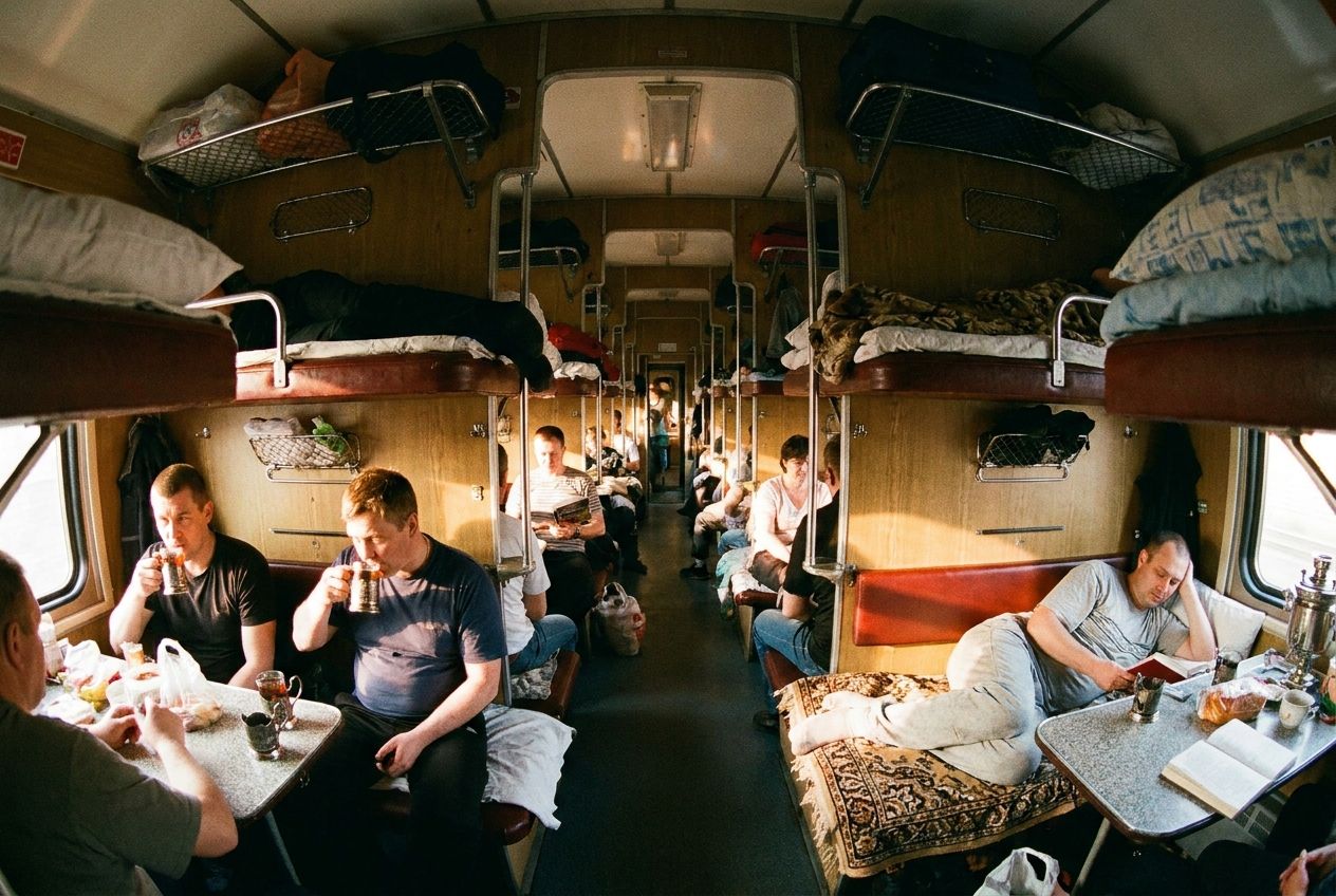 A wide-angle, eye-level photograph inside a bustling Russian `плацкарт` (open-plan sleeper carriage) on a long-distance train, showing passengers relaxing on various bunks, some reading or drinking tea from traditional glass holders, with warm light filtering through windows. The scene captures the unique communal atmosphere and the intricate details of the bunk beds, composed for a 3:2 landscape frame.
