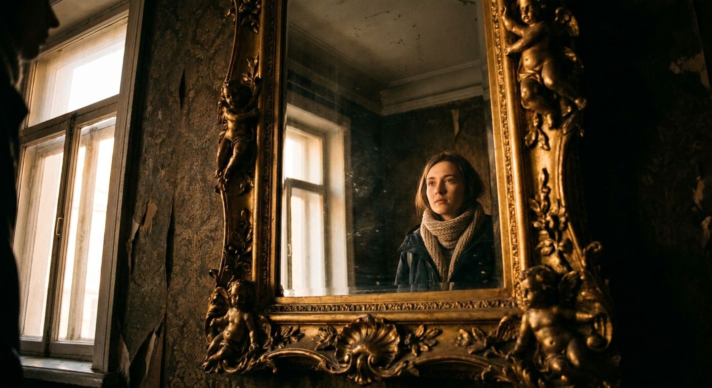 A candid, slightly low-angle photograph capturing a young Russian woman in a dramatic, ornate gilded mirror, her eyes meeting her own reflection with a thoughtful, almost surprised expression. Warm, soft light from a window illuminates her face and the intricate details of the mirror frame, set against the dark, textured wall of a classic St. Petersburg apartment.
