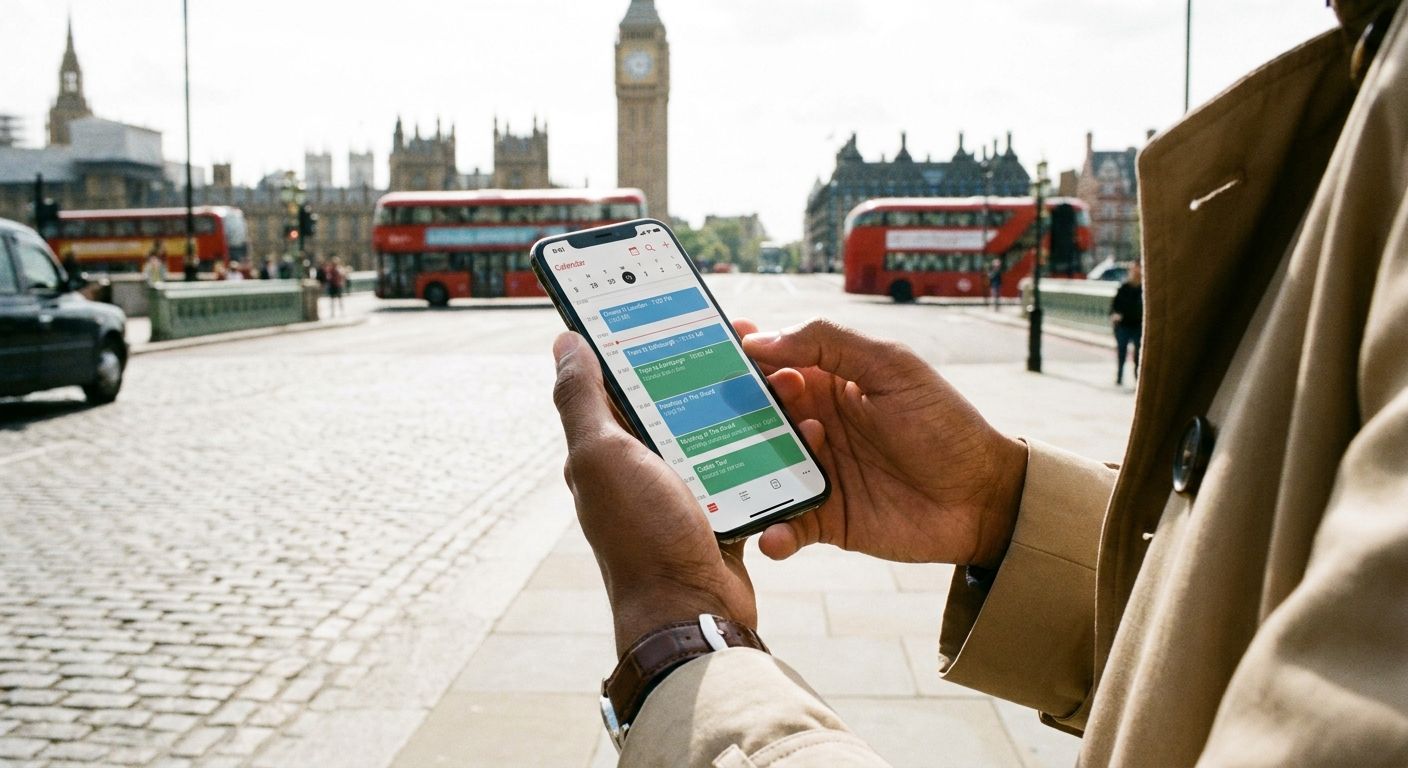 A close-up photograph of a person's hands holding a sleek smartphone displaying a digital calendar with multiple upcoming appointments. In the background, a classic, slightly blurred British cityscape, like London or Edinburgh, hints at various future plans and travels. The image is bright and modern, suggesting organized anticipation.