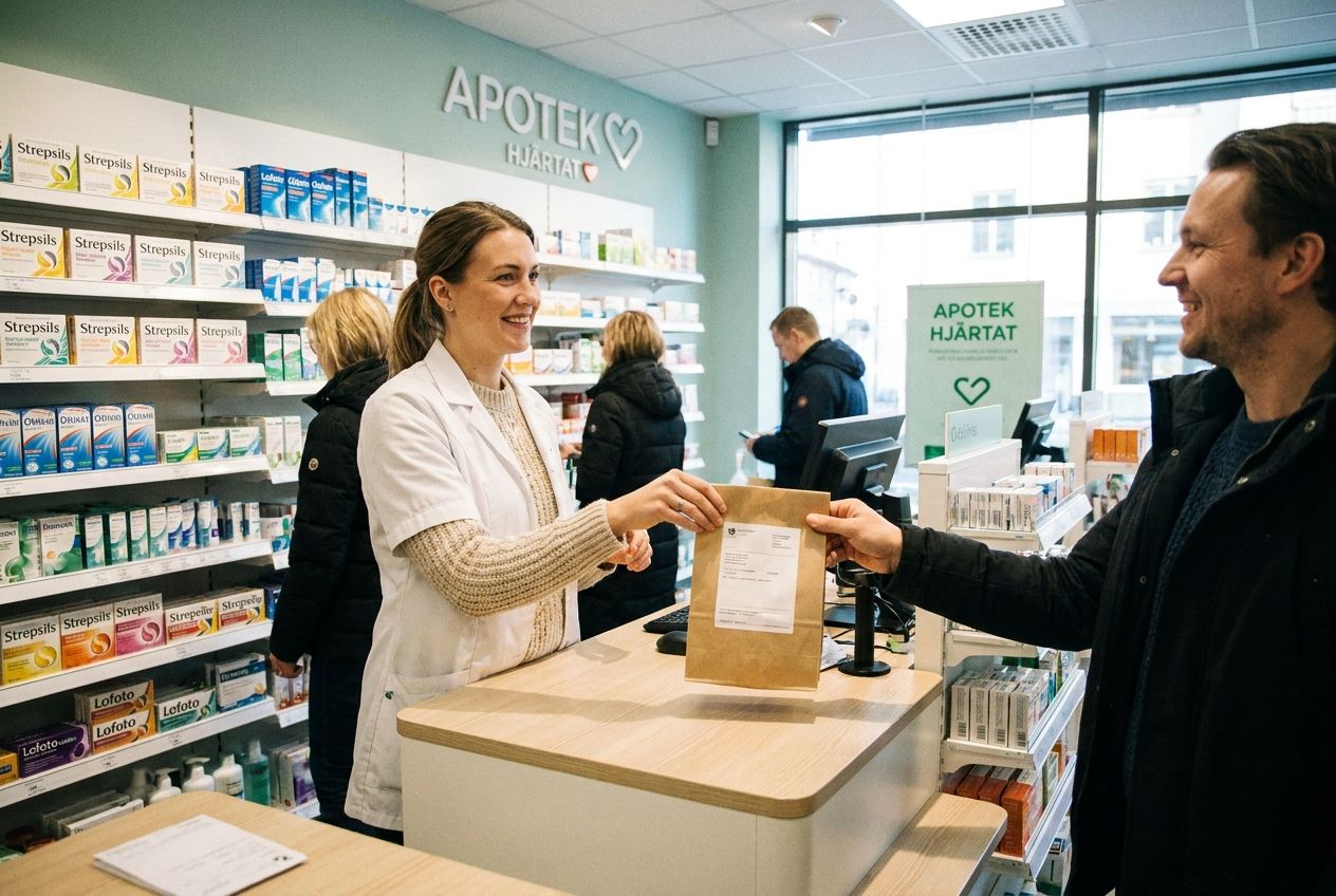 A bright, inviting scene inside a modern Swedish pharmacy. A friendly, professional female pharmacist is engaged in a clear interaction with a customer at the counter, perhaps handing over a prescription bag. In the background, well-organized shelves display various over-the-counter remedies like throat lozenges and nasal sprays, hinting at the diversity of items available. Realistic photograph, 3:2 landscape.