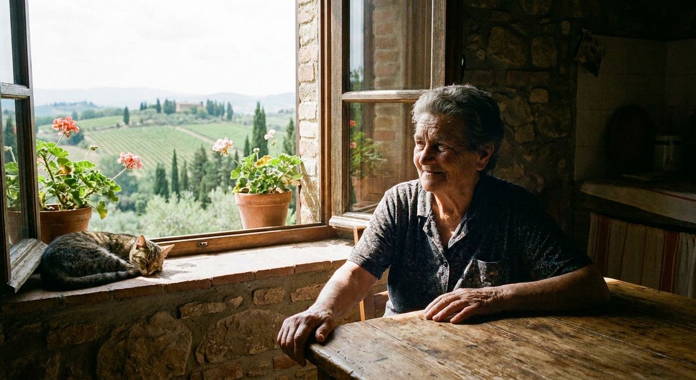 A candid photograph of an older Italian woman with a thoughtful, knowing expression, sitting calmly by an open window in a rustic stone farmhouse. She looks out at a sun-drenched, rolling Tuscan landscape, conveying a sense of wisdom and enduring presence in a beautiful Italian setting.