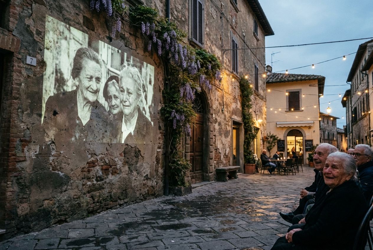 A cinematic photograph of an old black and white Italian film projected onto the weathered stone wall of a charming, atmospheric piazza in a small Italian town at twilight. The soft, ghostly light of the film illuminates the subtle expressions of a few locals watching, creating a powerful sense of shared narrative and memory, composed for a 3:2 landscape frame.
