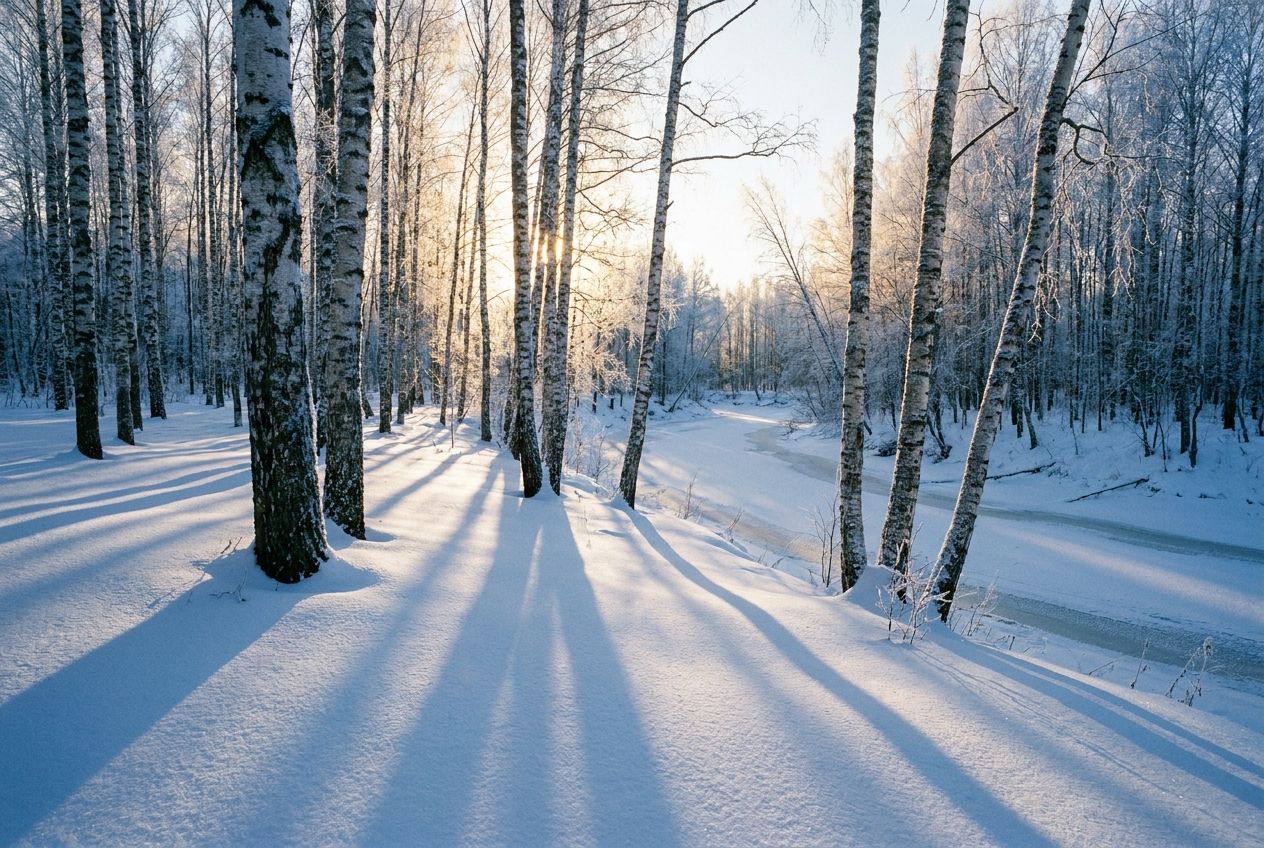A wide-angle photograph of a snow-covered birch forest in Russia during golden hour, with long, deep blue shadows stretching across the pristine white snow, and rays of warm sunlight illuminating the tree trunks. The scene is serene and captures the stark beauty of a Russian winter, composed for a 3:2 landscape frame.