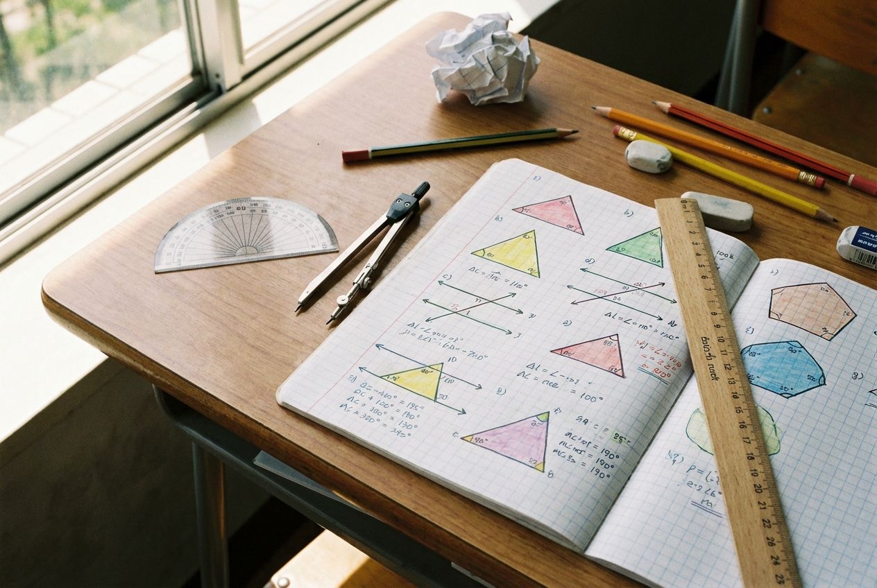 A high-angle shot looking down at a student's desk. On the desk are mathematical instruments (protractor, compass, ruler), a notebook open at a page with colorful diagrams of triangles, parallel lines cut by transversals, and polygons, with hand-written angle calculations. The scene is lit with bright, natural light coming from a nearby window.