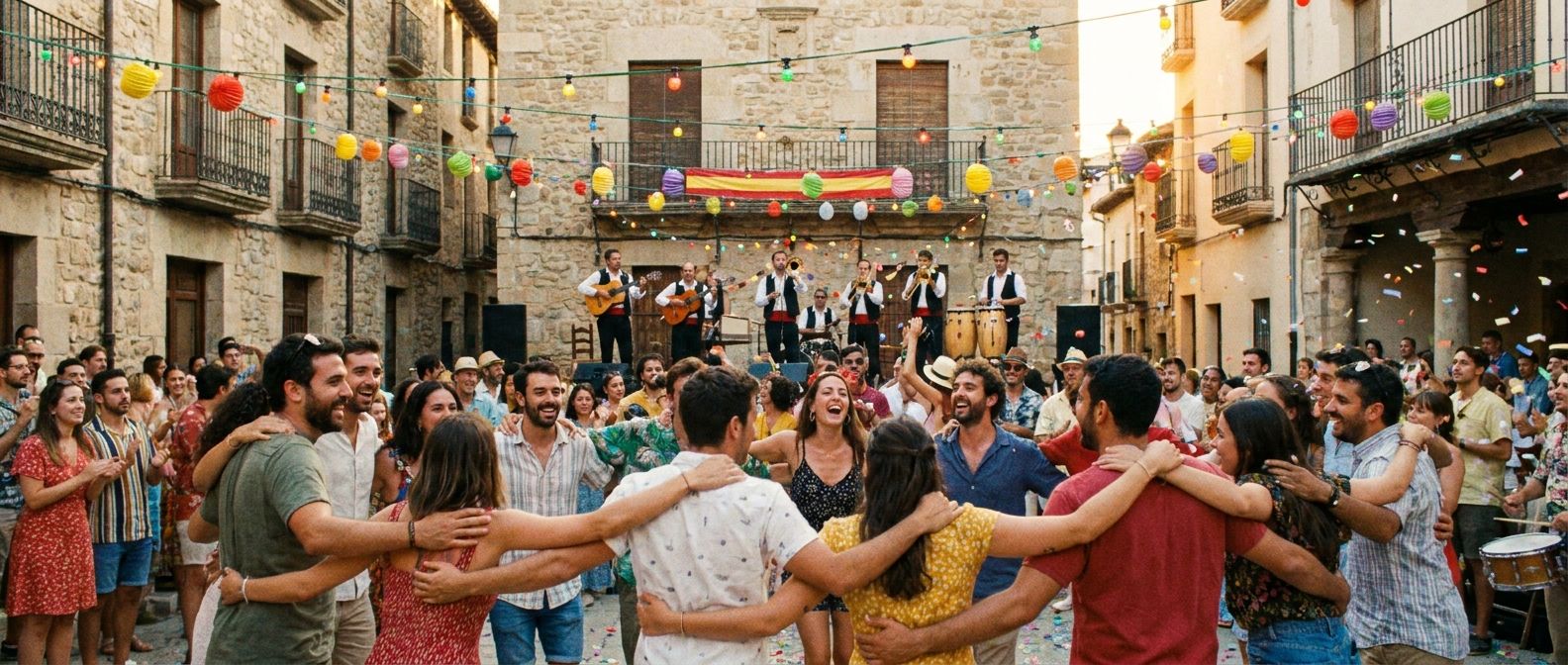 A wide, vibrant photograph of a group of friends laughing and dancing joyfully at an outdoor Spanish fiesta, with colorful lights strung across a bustling town square and a traditional music band playing in the background.