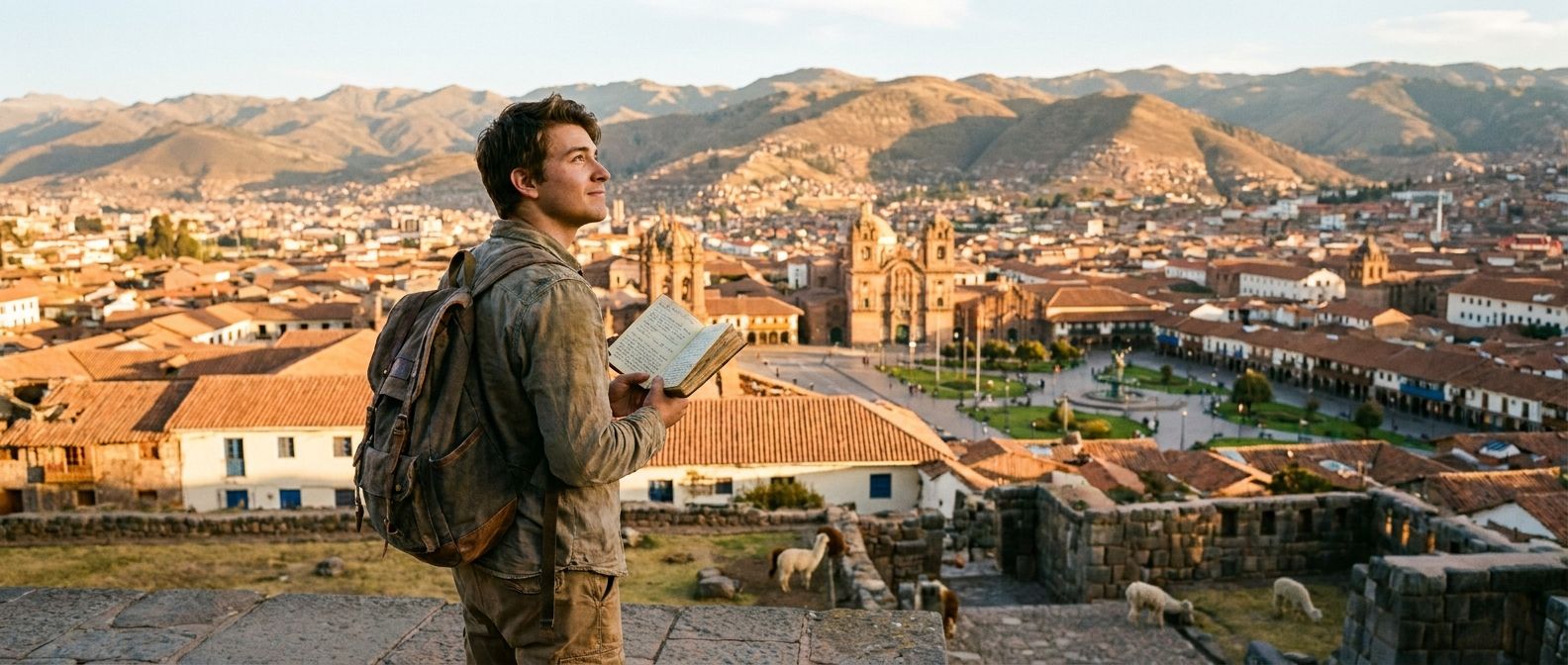 A wide, cinematic photograph of a young traveler standing on a scenic viewpoint overlooking the vibrant, historic city of Cusco, Peru, at golden hour. They are holding a worn travel journal, looking out at the distant mountains and terracotta rooftops with a thoughtful, hopeful expression, planning their next adventure.