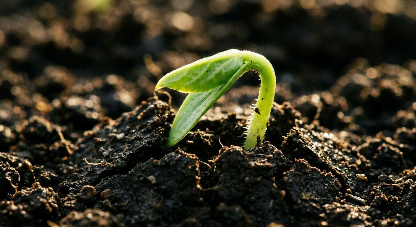 An extreme close-up, high-contrast photograph of a vibrant green plant sprout pushing through dark, fertile soil, with delicate new leaves beginning to unfurl. The image should convey a sense of immense potential and the emergence of new life, bathed in soft, natural light.