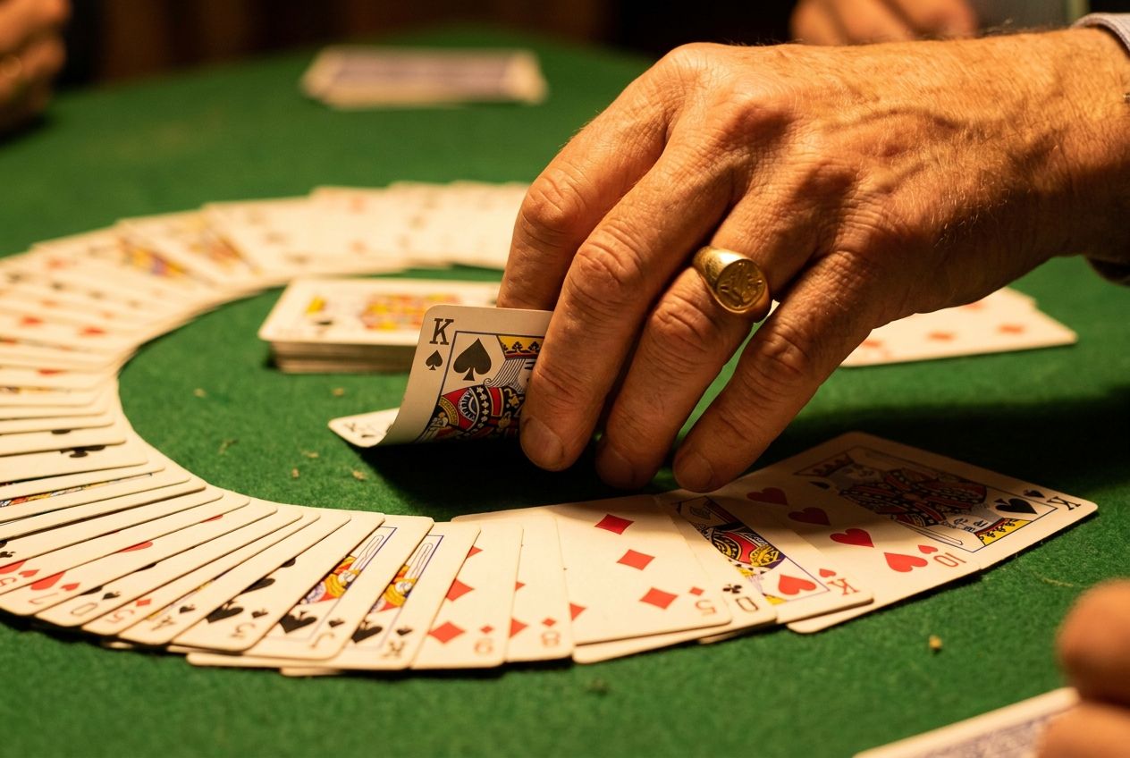 A dramatic, close-up photograph captures a bridge player's hand as they are about to play a crucial card onto the green felt table, surrounded by other cards already played. The scene is lit with warm, focused light, emphasizing the intense concentration and strategic depth of the game, composed for a 3:2 landscape frame.
