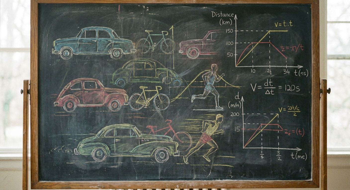 A close up on a dusty chalkboard covered in colorful chalk drawings of cars, bicycles and runners, with overlaid distance, time and velocity graphs. The light is dim and soft, focusing on the chalkboard.