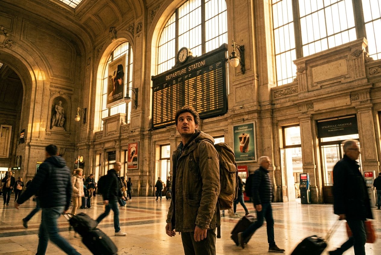 A wide, dramatic photograph of a solo traveler with a backpack looking up at a large departure board in a bustling, ornate Italian train station, a slight look of confusion or urgency on their face, with other travelers moving around them. Golden hour lighting, creating long shadows and a warm, evocative atmosphere, composed for a 3:2 landscape frame.