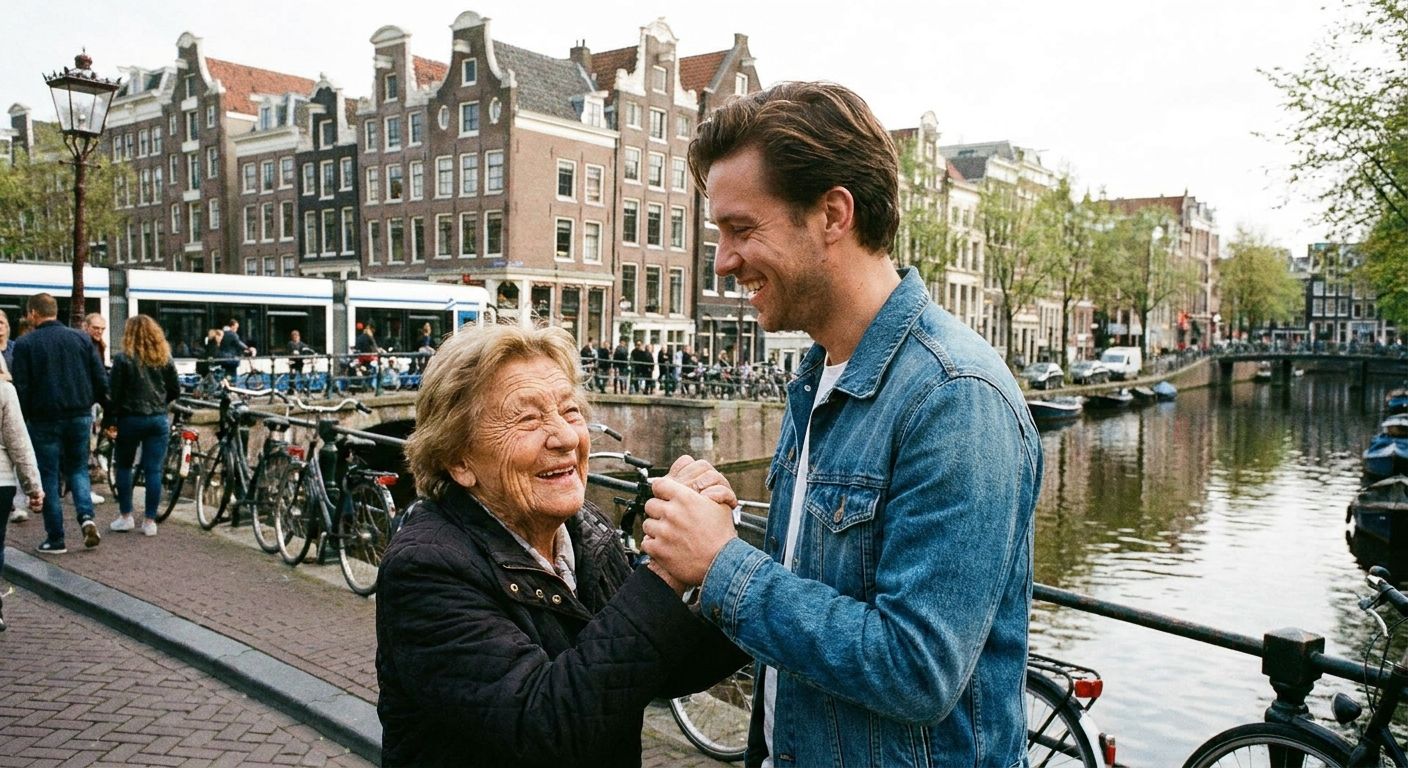 A candid, vibrant photograph capturing two people, one older and one younger, exchanging a warm, polite greeting with smiles on a bustling street in a Dutch city. In the background, typical Dutch canal houses line a picturesque canal, bathed in soft, natural daylight, reflecting the lively everyday social interactions across the Netherlands.