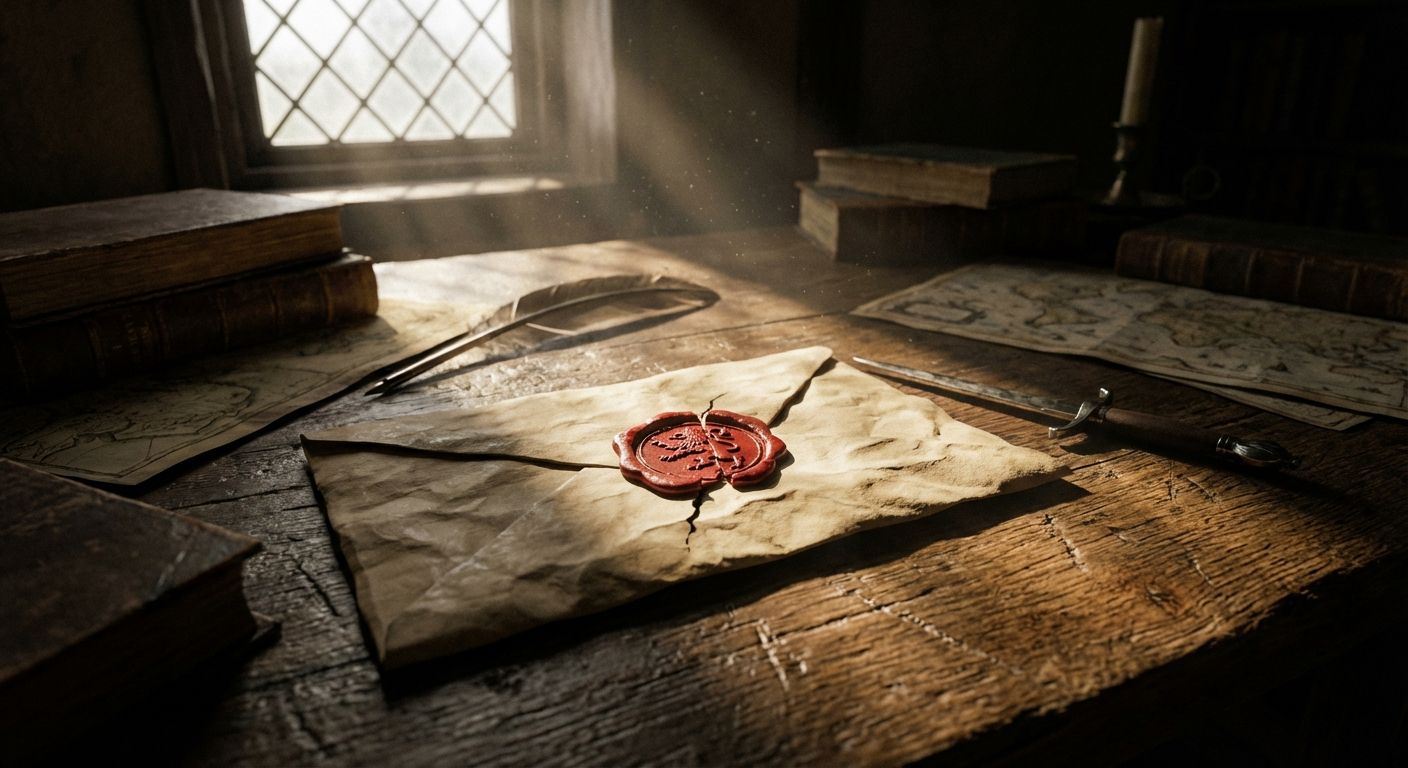 A dramatic, close-up photograph of an old, sealed letter with a broken wax seal, lying on a heavy oak table in a dimly lit Elizabethan study. A single, focused beam of light highlights the intricate details of the letter and a quill, evoking a sense of discovery, secrecy, and high-stakes intrigue.