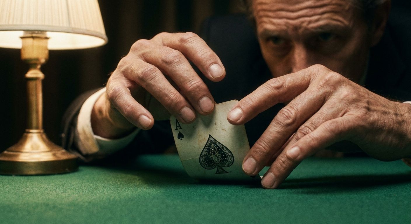 A dramatic close-up photograph of elegant hands, mid-action, expertly finessing a playing card into a strategic position on a table, bathed in soft, focused light, conveying intense concentration and a calculated move.