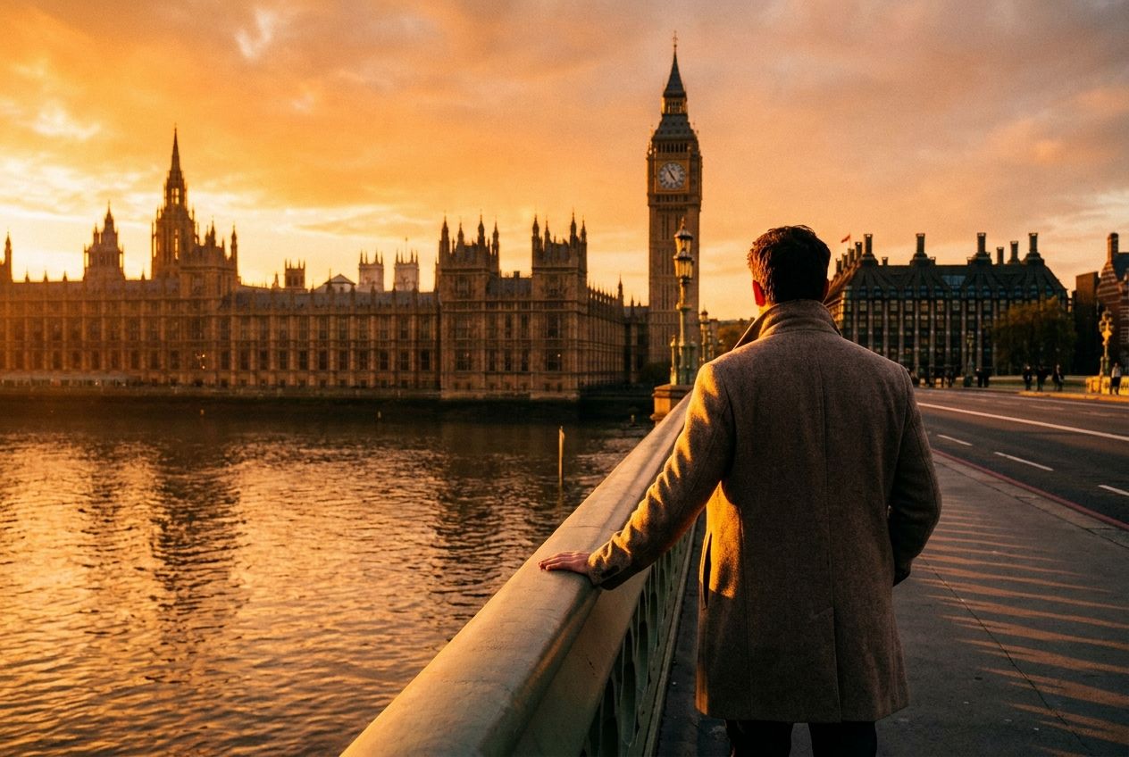 A solitary figure stands on a bridge overlooking the River Thames in London at sunset, gazing thoughtfully towards the iconic Big Ben and the Houses of Parliament. Golden hour light bathes the scene, creating long shadows and a reflective mood, composed for a 3:2 landscape frame.