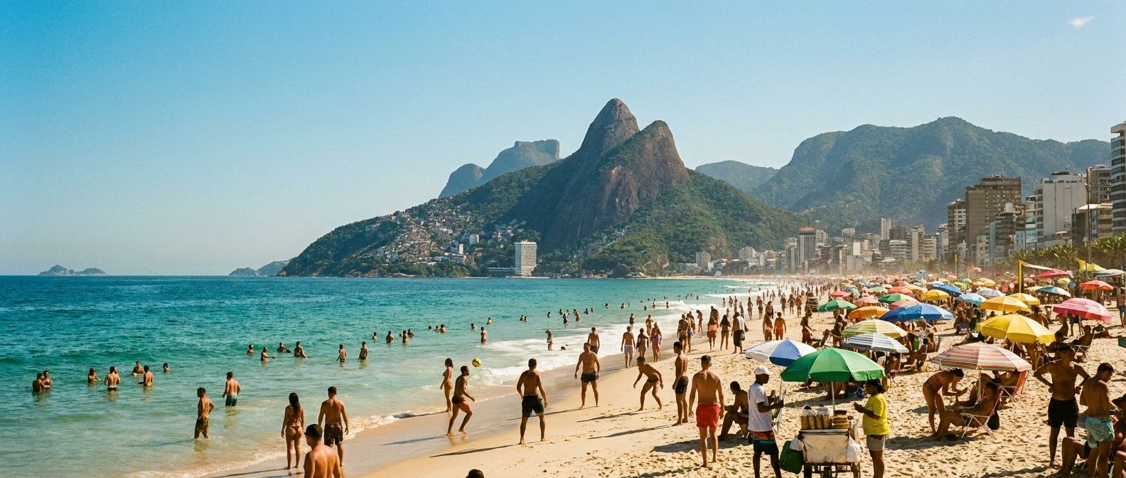 A vibrant, wide-angle photograph captures a bustling Ipanema beach in Rio de Janeiro, Brazil, on a sunny day. The scene features people enjoying the sand and turquoise ocean, with the iconic Dois Irmãos mountains providing a dramatic backdrop, evoking a perfect and memorable weekend.
