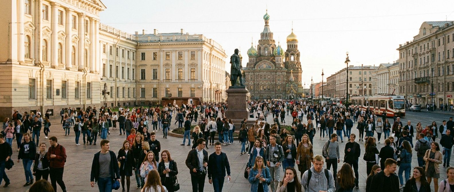 A wide, dynamic shot of a bustling university campus square in a Russian city, filled with many students walking, talking, and laughing. The scene is vibrant with warm sunlight and prominent classical Russian architecture in the background, captured from a slightly elevated perspective.