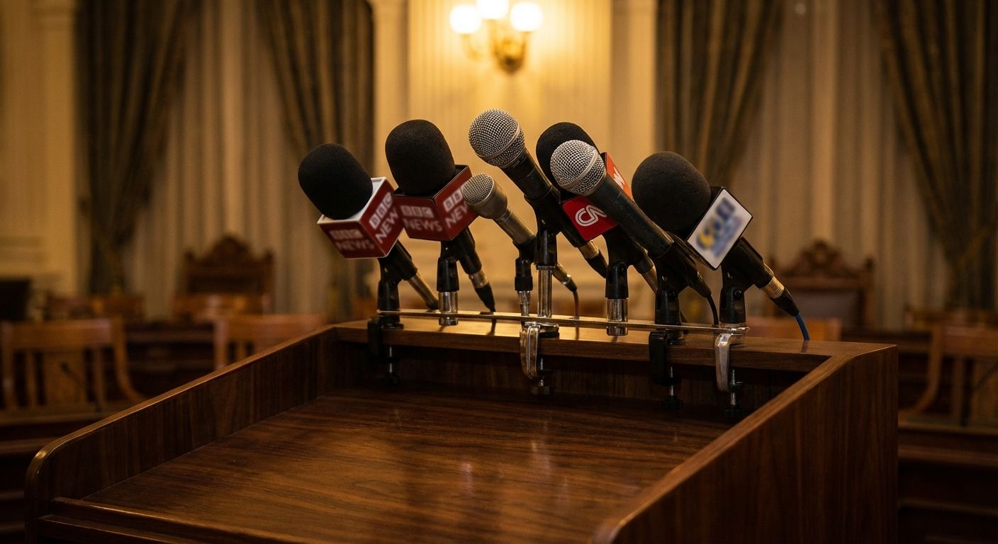 A cinematic, close-up photograph of a polished wooden podium with a cluster of various professional news microphones attached to its top. The scene is set in a grand, dimly lit hall with soft golden light catching the metallic textures of the microphones, suggesting an expectant atmosphere.