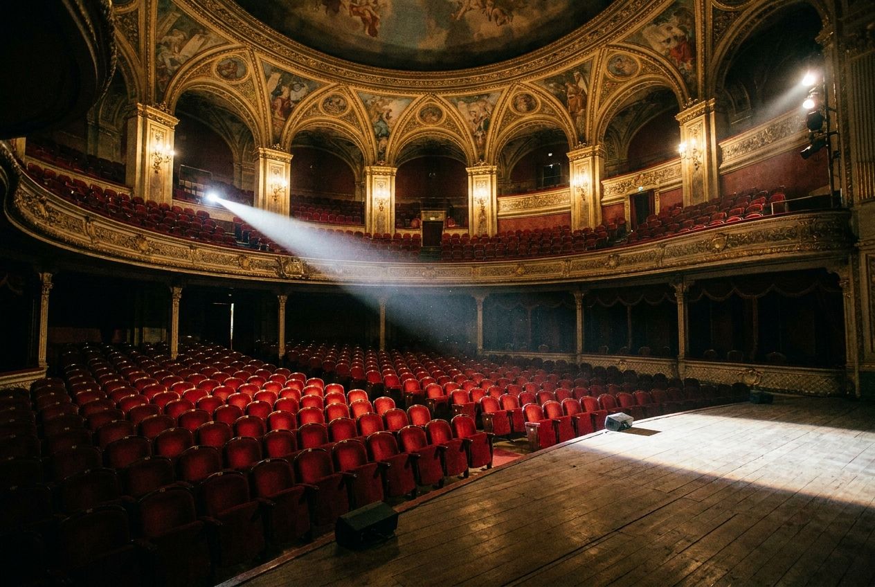 A dramatic, wide-angle photograph capturing the opulent interior of a historic Spanish theatre, featuring rows of plush red velvet seats under gilded arches. A single spotlight illuminates the empty stage, casting long shadows that evoke a sense of mystery and grandeur, perfect for a 3:2 landscape frame.