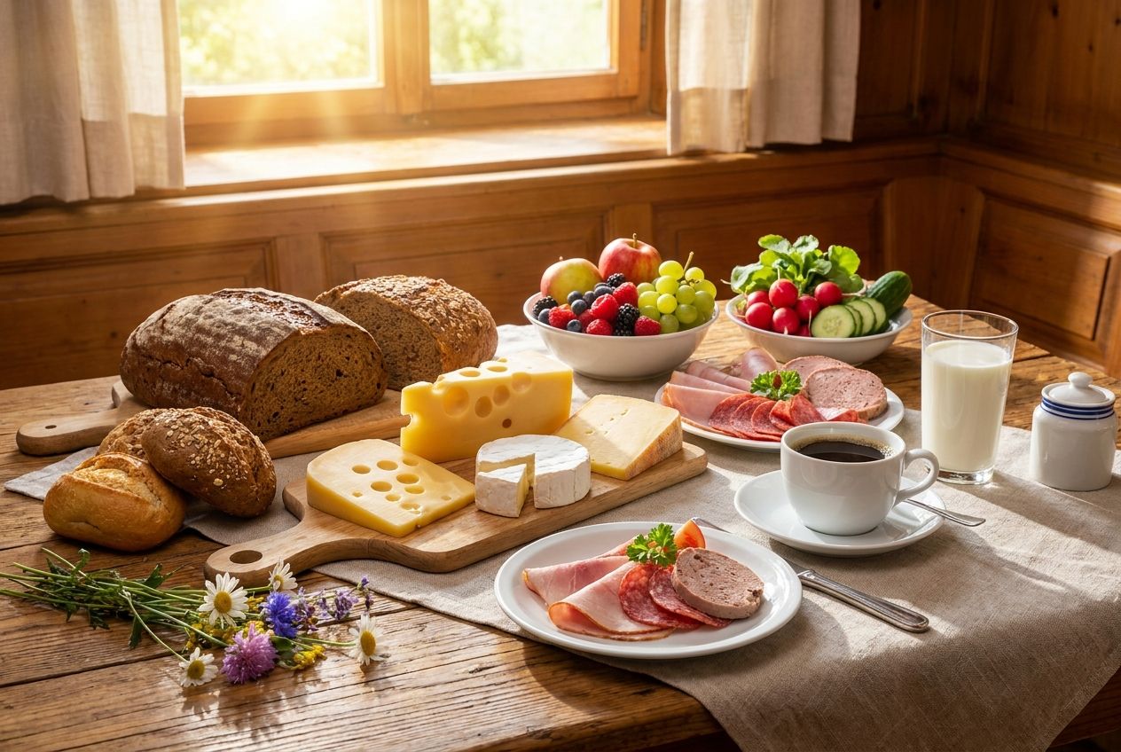 A rustic wooden table laden with a traditional German breakfast spread, featuring freshly baked Brot, various Käse, sliced cold Fleisch, colourful Obst and Gemüse, a steaming cup of Kaffee, and a glass of Milch. Sunlight streams in, creating a warm, inviting atmosphere, captured in a vivid, high-resolution photograph composed for a 3:2 landscape frame.