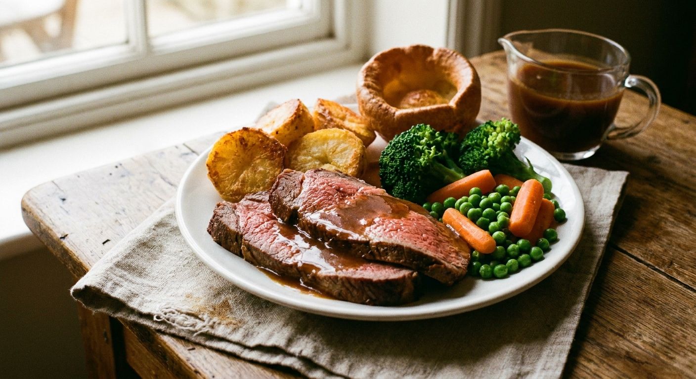 A vibrant, close-up photograph of a traditional British Sunday roast dinner, featuring succulent slices of roast beef, golden crispy roast potatoes, and brightly steamed green vegetables. The scene is set on a rustic wooden table, bathed in warm, inviting natural light, emphasizing the rich textures and colors of the comforting meal.