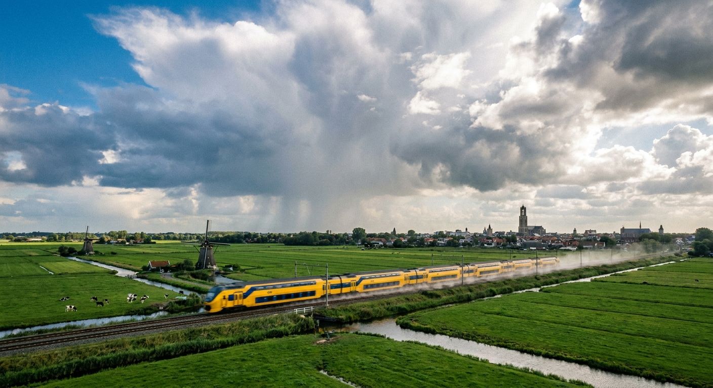 A vibrant, high-angle photograph of a bright yellow Dutch intercity train speeding across a green polder landscape under a vast, dramatic sky. In the distance, a charming Dutch city skyline is visible, emphasizing movement towards a destination in the Netherlands.