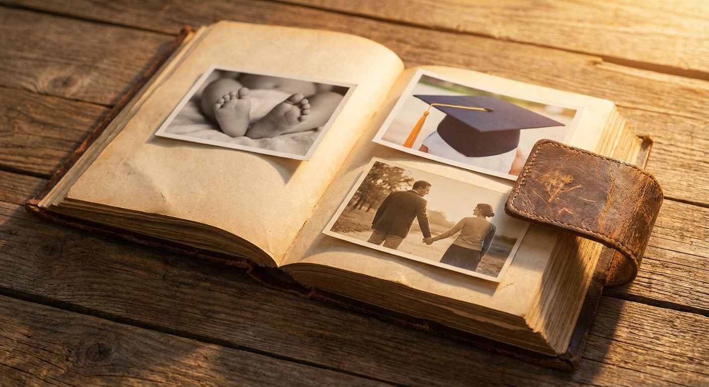 A close-up, high-angle photograph of an open vintage leather-bound scrapbook resting on a rustic wooden table. Inside, a scattered arrangement of physical photographs shows a baby’s feet, a graduation cap, and a couple holding hands, all bathed in warm, nostalgic golden hour sunlight.