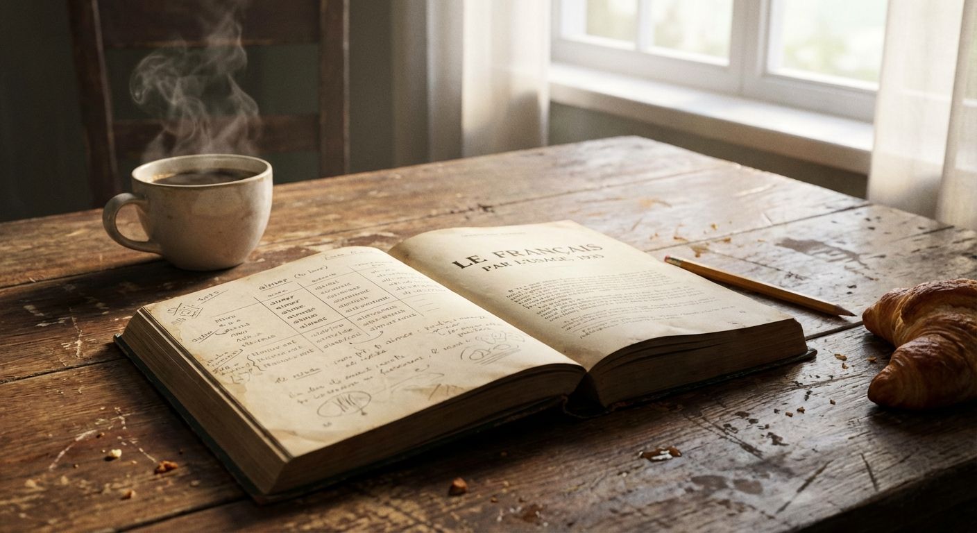 This image is a cozy, rustic scene with warm tones and soft lighting. The subject is an open vintage French textbook on a weathered wooden table, accompanied by a steaming mug of coffee, a croissant, and a pencil. The left page of the book is covered in handwritten notes. Crumbs are scattered on the table. Natural light streams in from a window in the background. The composition is a medium shot focusing on the table's surface. The style is reminiscent of a still life, with a focus on texture and detail, creating a nostalgic and inviting atmosphere.