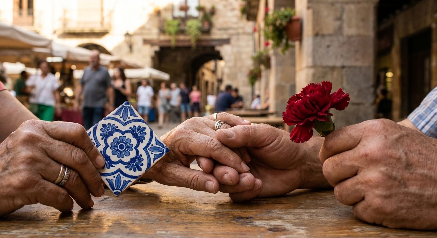 A candid, close-up photograph of two diverse hands gently touching, one holding a traditional Spanish ceramic tile and the other a vibrant red carnation, symbolizing connection and distinct elements coming together. The background is softly blurred, hinting at a bustling Spanish market or plaza, captured in warm, natural light.