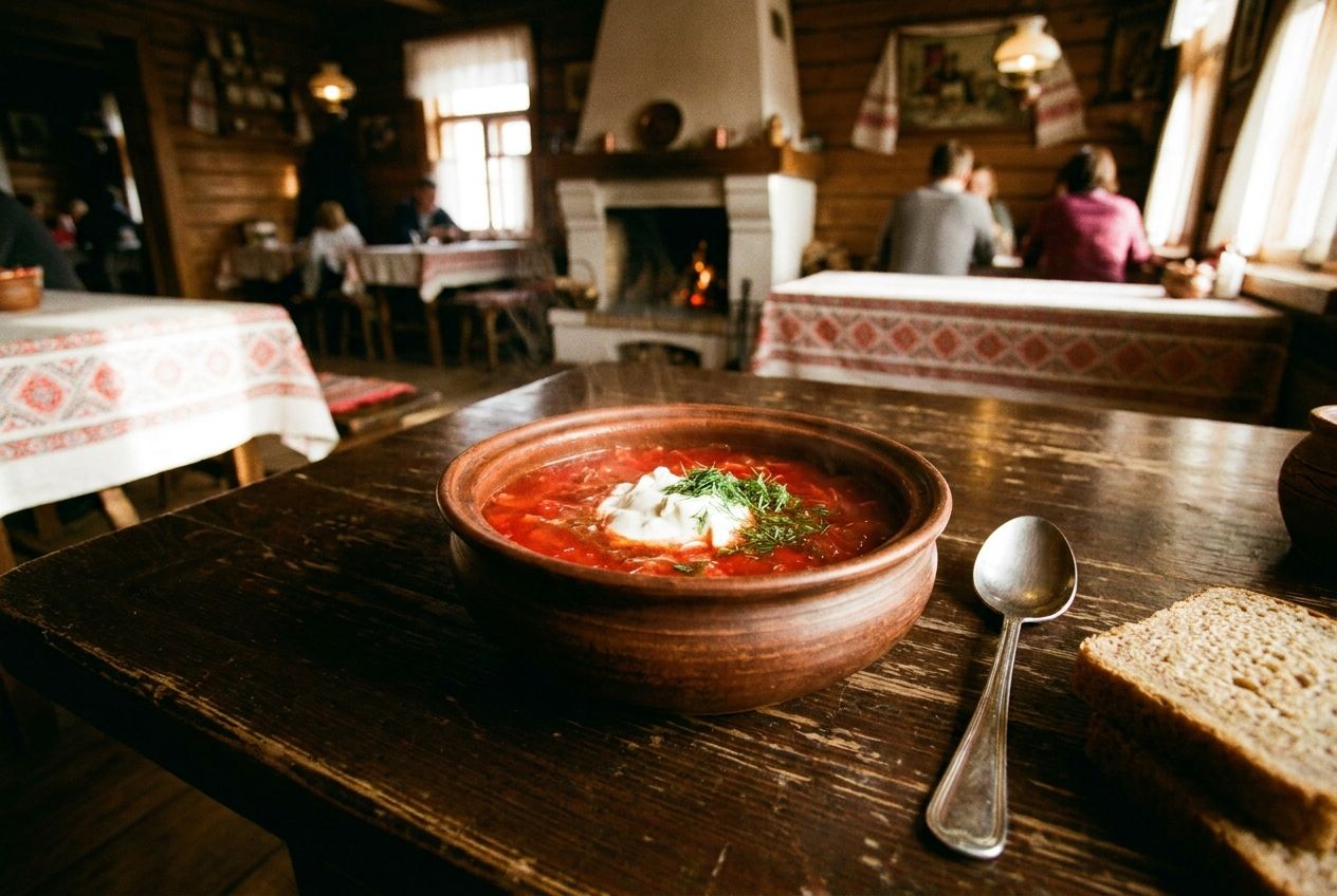 A steaming bowl of vibrant red borscht, garnished with a generous dollop of white sour cream and fresh dill, sits on a dark wooden table in a warmly lit, rustic Russian restaurant. The soft, directional light highlights the rich textures of the soup and the ceramic bowl, composed for a 3:2 landscape frame.