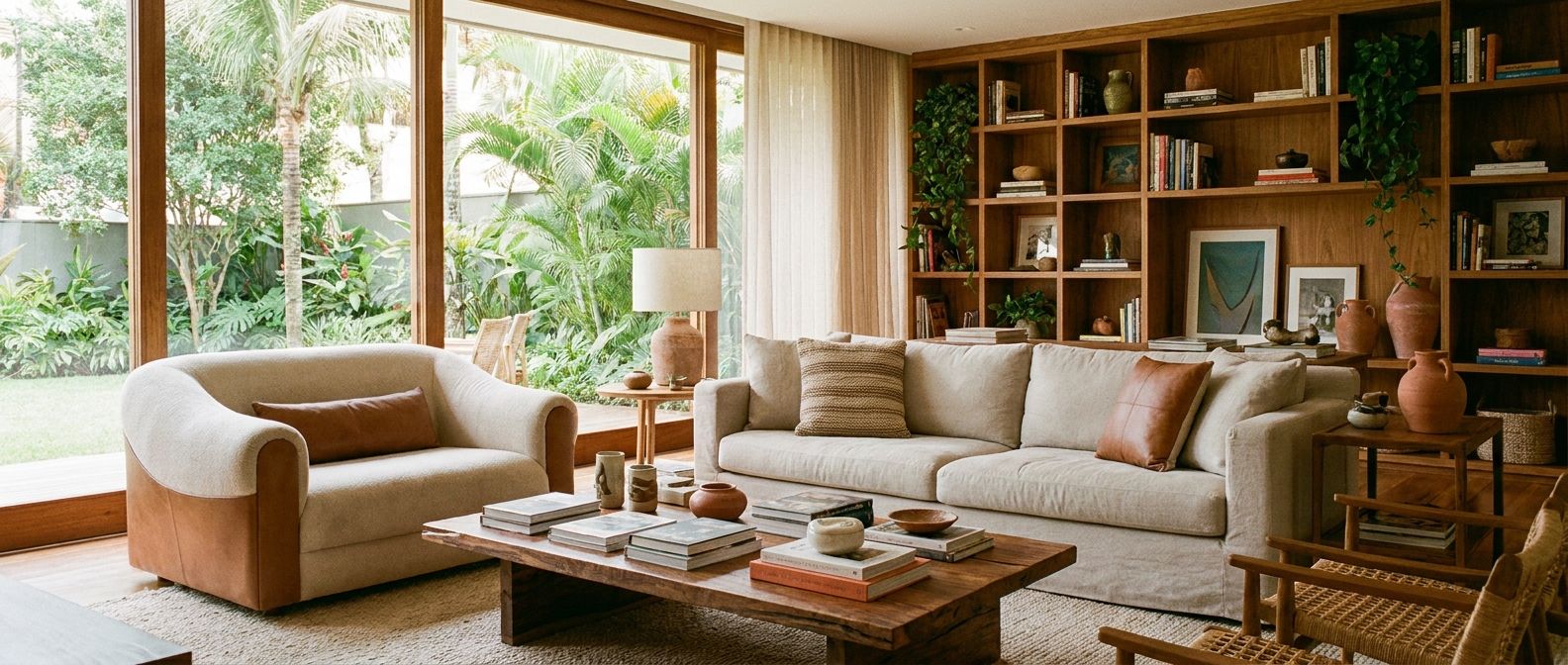 A wide, inviting photograph of a beautifully styled modern Brazilian living room, bathed in warm natural light. The scene features a comfortable sofa, an elegant armchair, a wooden coffee table, and a contemporary bookshelf filled with books and decorative items, creating a cozy and sophisticated atmosphere.