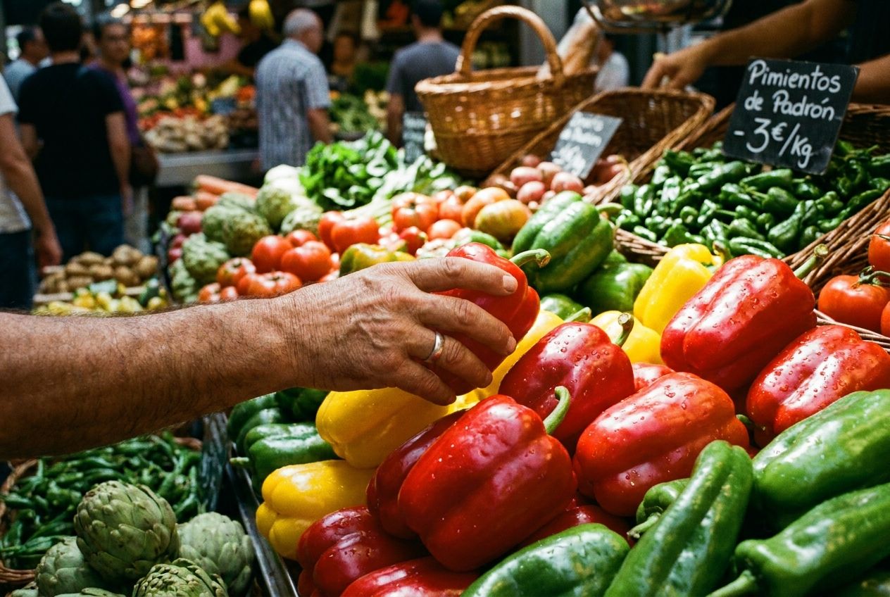 A close-up photograph of a person's hand reaching for a specific, vibrant red bell pepper from a colorful, abundant display of fresh produce at a bustling Spanish market. The scene is brightly lit, capturing the vivid textures and lively atmosphere in a 3:2 landscape frame.