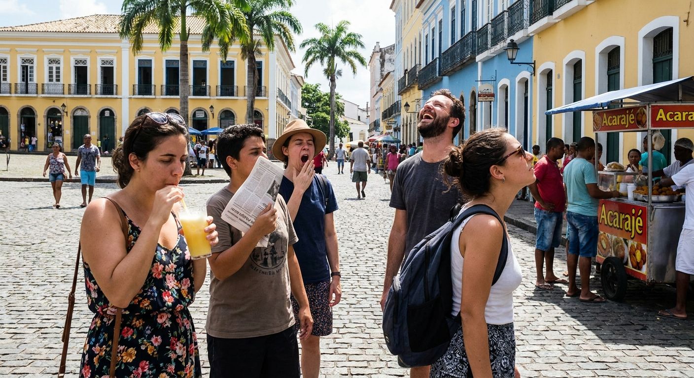 A vibrant, candid street photograph capturing a diverse group of people in a lively Brazilian city. Each person subtly expresses a different feeling or sensation: one sips a refreshing cold drink, another fans themselves in the warm sun, a third yawns, and a fourth laughs joyfully, while a fifth person looks longingly at a street food vendor. The scene is a bustling, sun-drenched urban environment, captured in a realistic photograph.
