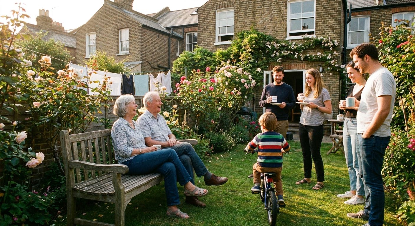 A candid, sun-drenched photograph of a multi-generational British family enjoying a relaxed afternoon in their vibrant garden, a classic terraced house visible in the background. A child playfully rides a bicycle while adults chat and share a laugh, embodying warmth and shared possession.