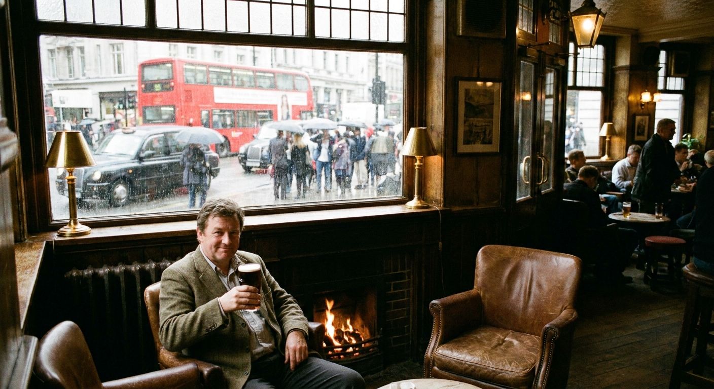 A person relaxing in a warm, inviting traditional British pub, holding a pint of ale, with a content expression. Through a large window behind them, a blurred but bustling London street scene with a red double-decker bus and commuters suggests a world of daily obligations they didn't have to face.