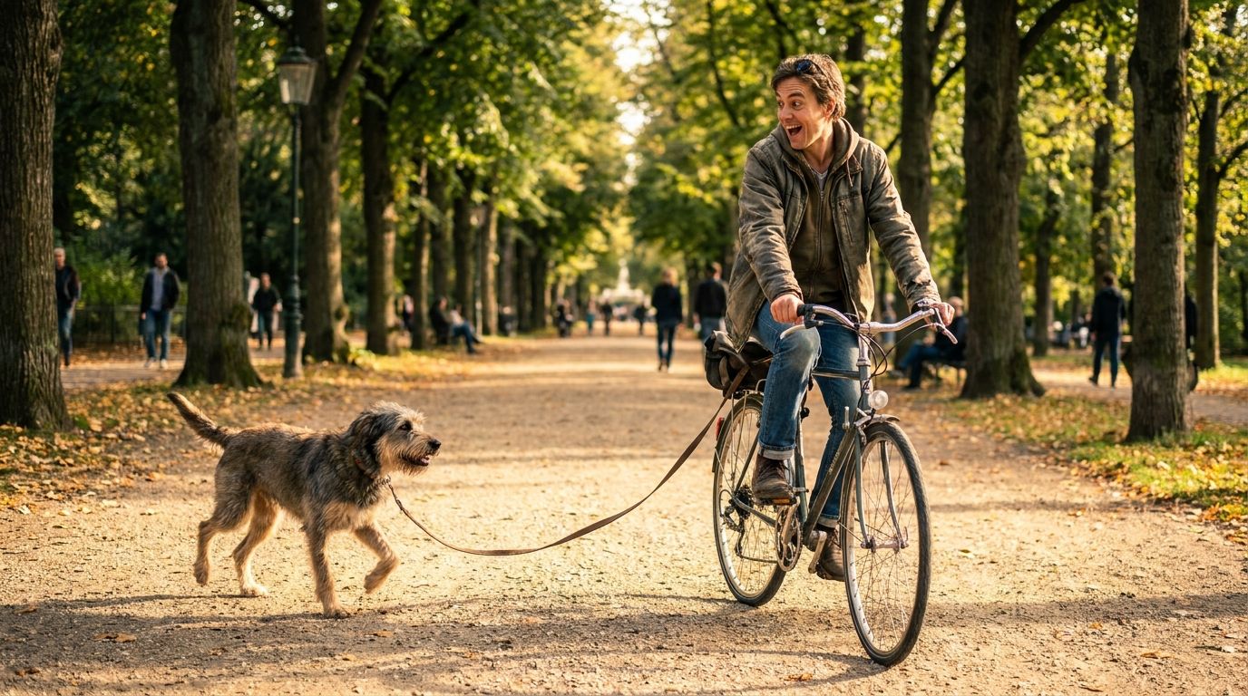 A candid wide-angle photograph of a person cycling calmly on a sunlit, tree-lined path in a beautiful park. A playful dog suddenly enters the frame from the side, its leash trailing, causing the cyclist to turn their head with a surprised, happy expression, capturing a moment of gentle interruption.